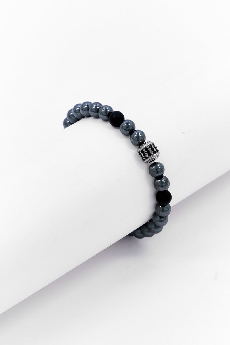 Steeltime Men Lava Hematite Crystal Beaded Stretch Bracelet, Silver - Image 1